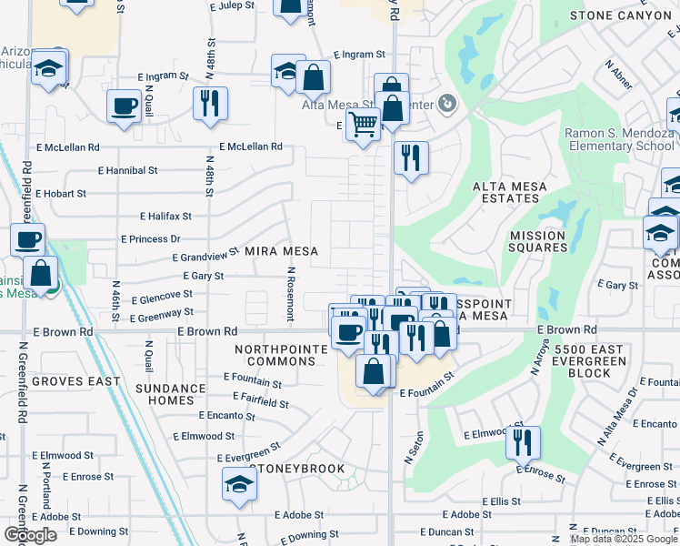 map of restaurants, bars, coffee shops, grocery stores, and more near 1316 North Banning in Mesa