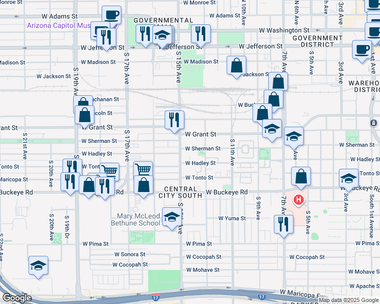 map of restaurants, bars, coffee shops, grocery stores, and more near 1329 West Sherman Street in Phoenix