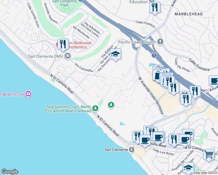 map of restaurants, bars, coffee shops, grocery stores, and more near 101 Via Artemesia in San Clemente