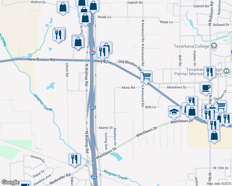 map of restaurants, bars, coffee shops, grocery stores, and more near 604 Madison Drive in Texarkana