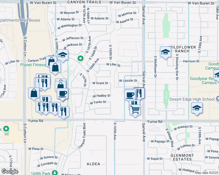 map of restaurants, bars, coffee shops, grocery stores, and more near 16522 West Sherman Street in Goodyear