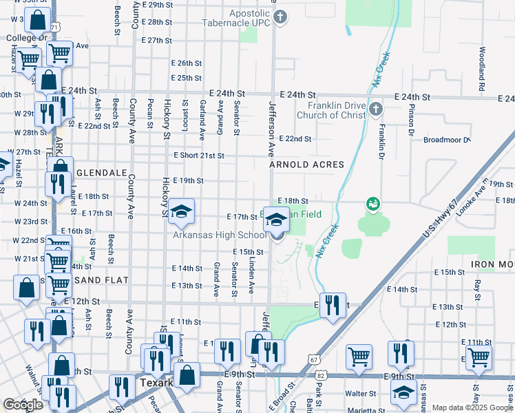 map of restaurants, bars, coffee shops, grocery stores, and more near 1714 Linden Avenue in Texarkana