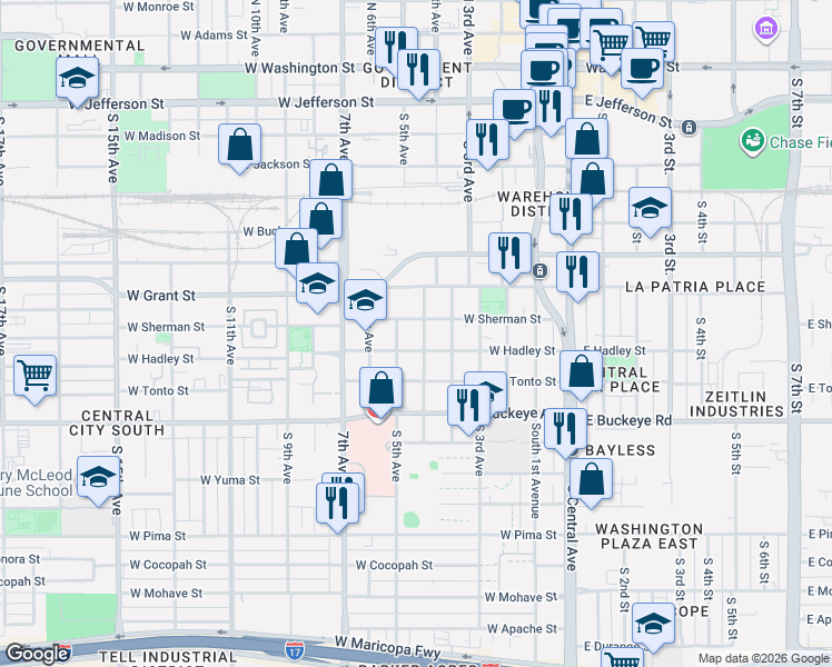 map of restaurants, bars, coffee shops, grocery stores, and more near 810 South 4th Avenue in Phoenix