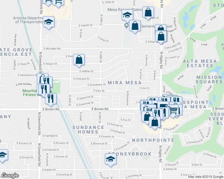 map of restaurants, bars, coffee shops, grocery stores, and more near 4848 East Gary Street in Mesa