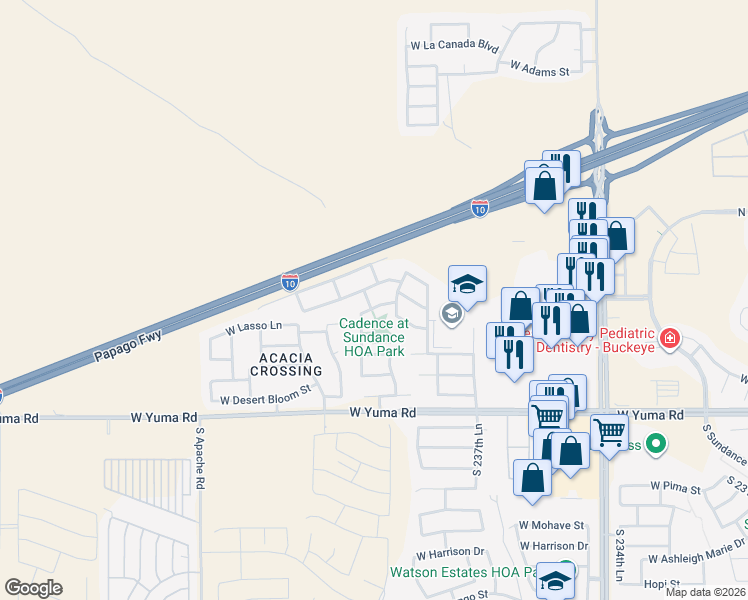 map of restaurants, bars, coffee shops, grocery stores, and more near 23948 West Lasso Lane in Buckeye
