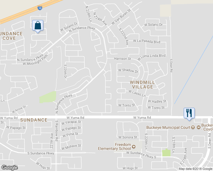 map of restaurants, bars, coffee shops, grocery stores, and more near 22354 West Antelope Trail in Buckeye