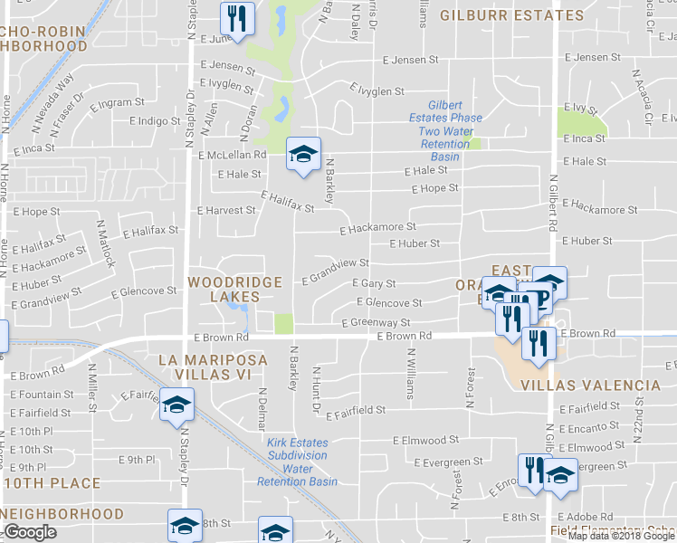 map of restaurants, bars, coffee shops, grocery stores, and more near 1529 East Grandview Street in Mesa