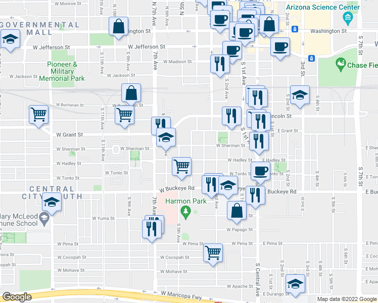 map of restaurants, bars, coffee shops, grocery stores, and more near 810 South 4th Avenue in Phoenix