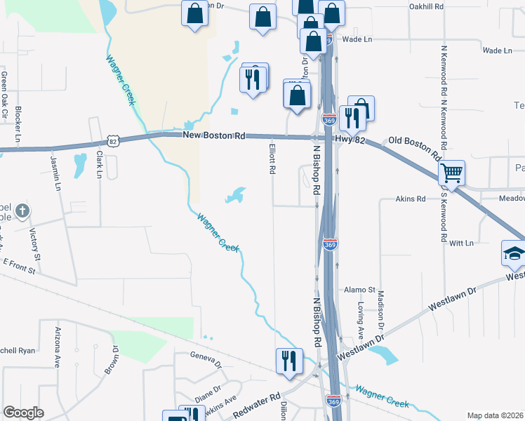map of restaurants, bars, coffee shops, grocery stores, and more near 823 Elliott Road in Texarkana