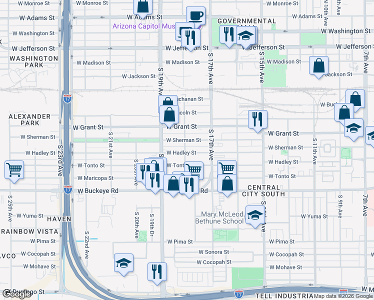 map of restaurants, bars, coffee shops, grocery stores, and more near 1760 West Hadley Street in Phoenix