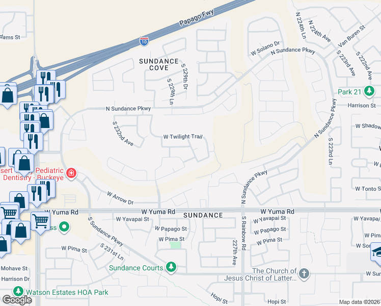 map of restaurants, bars, coffee shops, grocery stores, and more near 796 South 229th Avenue in Buckeye