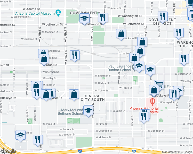 map of restaurants, bars, coffee shops, grocery stores, and more near 1333 West Sherman Street in Phoenix