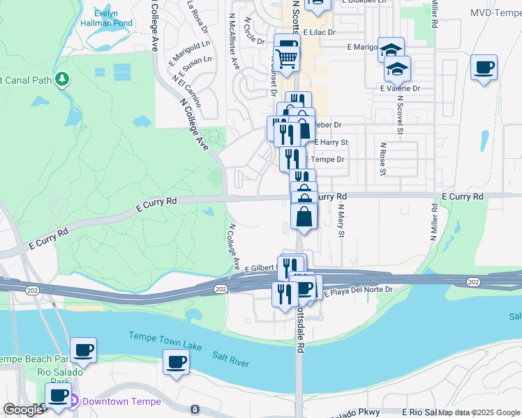 map of restaurants, bars, coffee shops, grocery stores, and more near 707 E Curry Rd in Tempe