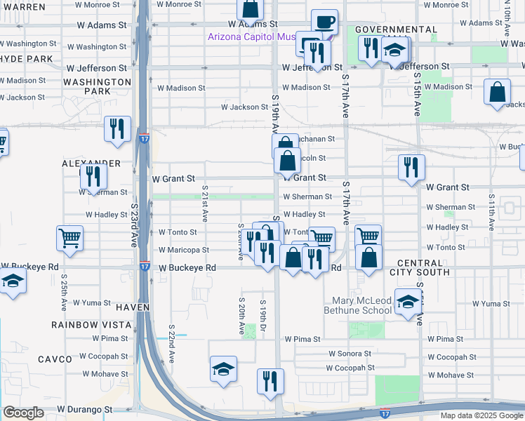 map of restaurants, bars, coffee shops, grocery stores, and more near 1918 West Hadley Street in Phoenix