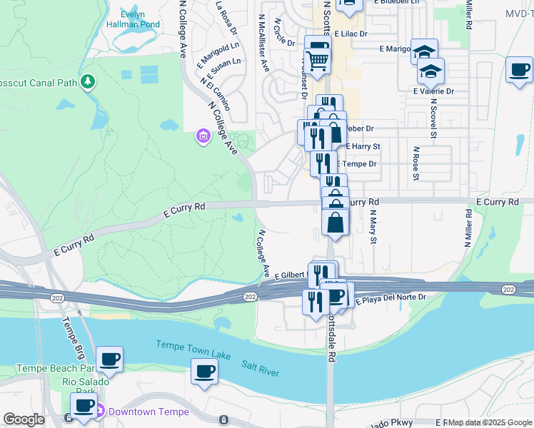map of restaurants, bars, coffee shops, grocery stores, and more near 925 North College Avenue in Tempe