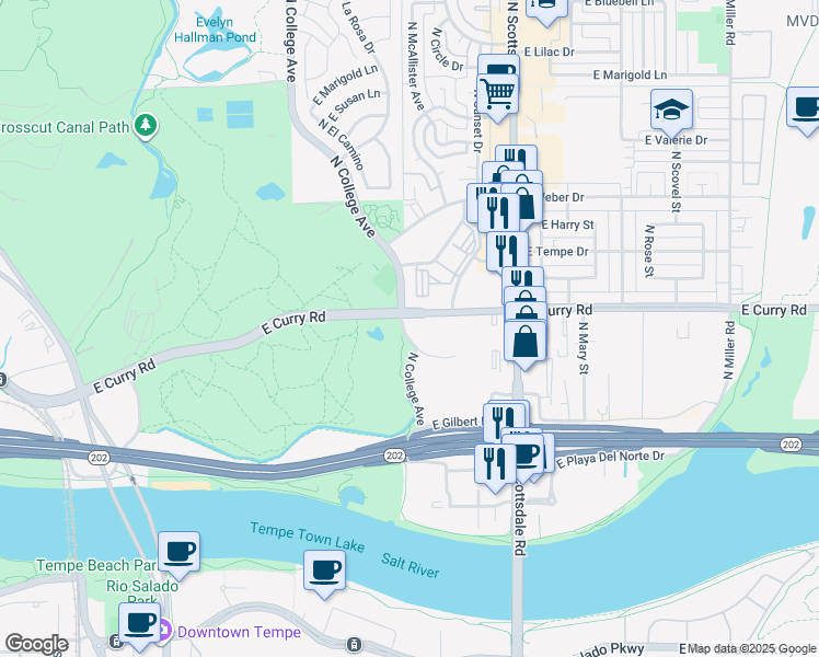 map of restaurants, bars, coffee shops, grocery stores, and more near 925 North College Avenue in Tempe