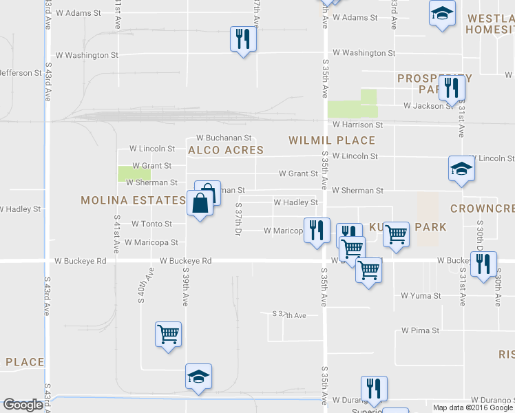 map of restaurants, bars, coffee shops, grocery stores, and more near 3636 West Tonto Street in Phoenix