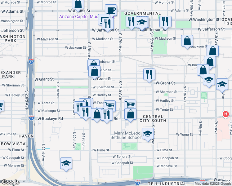 map of restaurants, bars, coffee shops, grocery stores, and more near 1714 West Hadley Street in Phoenix