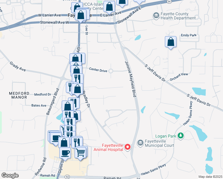 map of restaurants, bars, coffee shops, grocery stores, and more near 325 Williamsburg Way in Fayetteville