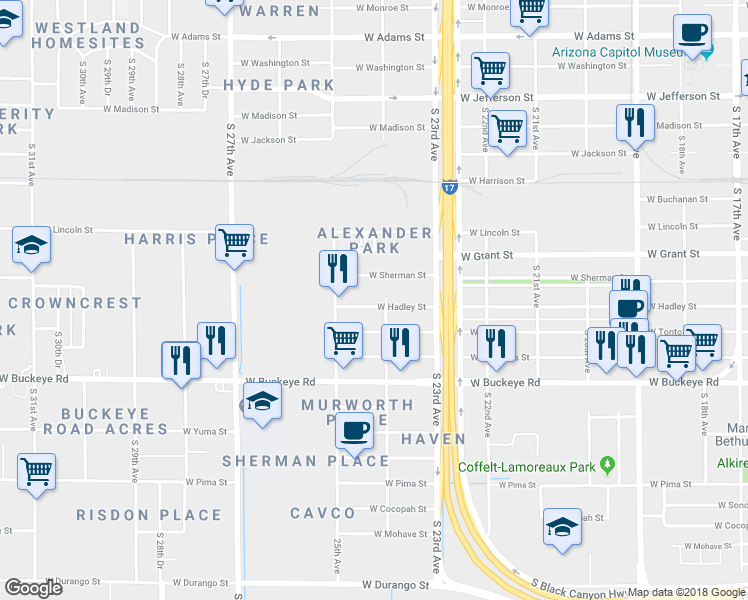 map of restaurants, bars, coffee shops, grocery stores, and more near 2410 West Hadley Street in Phoenix