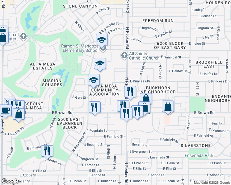 map of restaurants, bars, coffee shops, grocery stores, and more near 5926 East Brown Road in Mesa