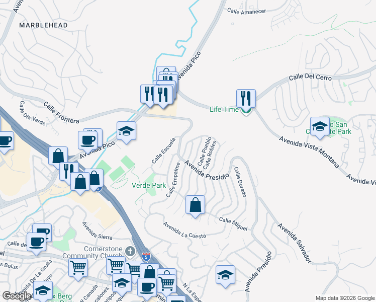 map of restaurants, bars, coffee shops, grocery stores, and more near 405 Calle Fiesta in San Clemente