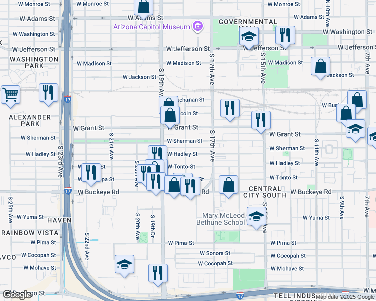 map of restaurants, bars, coffee shops, grocery stores, and more near 1760 West Hadley Street in Phoenix