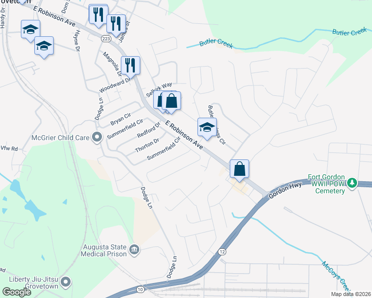 map of restaurants, bars, coffee shops, grocery stores, and more near 200 Taylor Circle in Grovetown