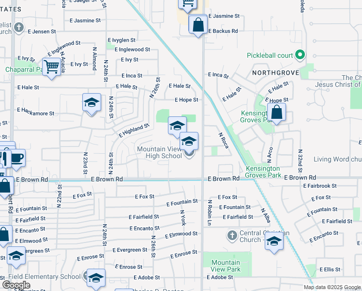 map of restaurants, bars, coffee shops, grocery stores, and more near 2700 East Brown Road in Mesa