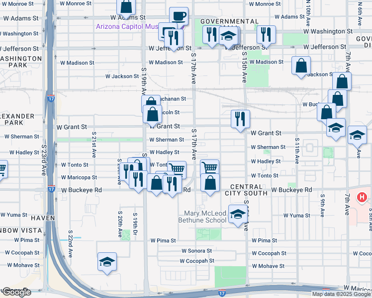 map of restaurants, bars, coffee shops, grocery stores, and more near 1714 West Hadley Street in Phoenix
