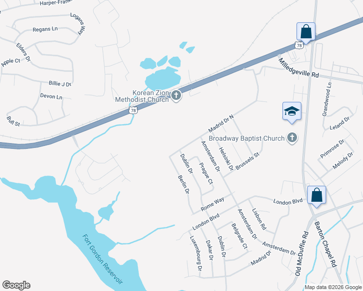 map of restaurants, bars, coffee shops, grocery stores, and more near 3679 Madrid Drive North in Augusta