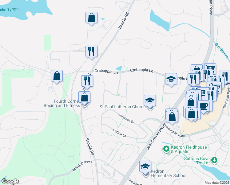 map of restaurants, bars, coffee shops, grocery stores, and more near 202 Briarleigh Drive in Peachtree City
