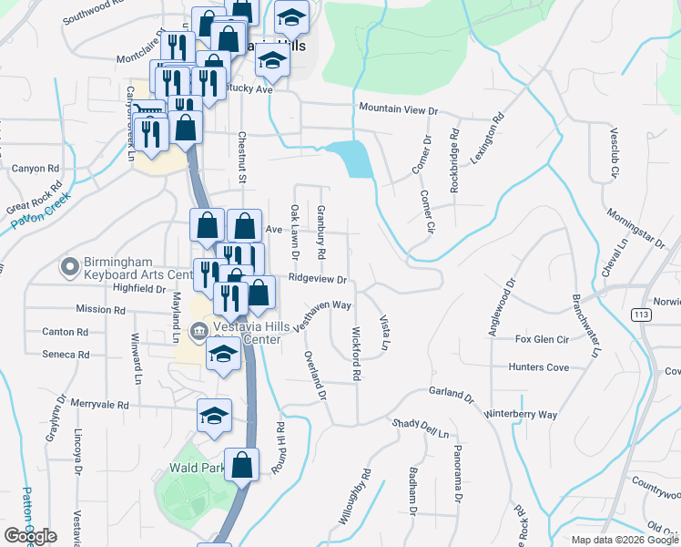 map of restaurants, bars, coffee shops, grocery stores, and more near 1020 Wickford Road in Vestavia Hills
