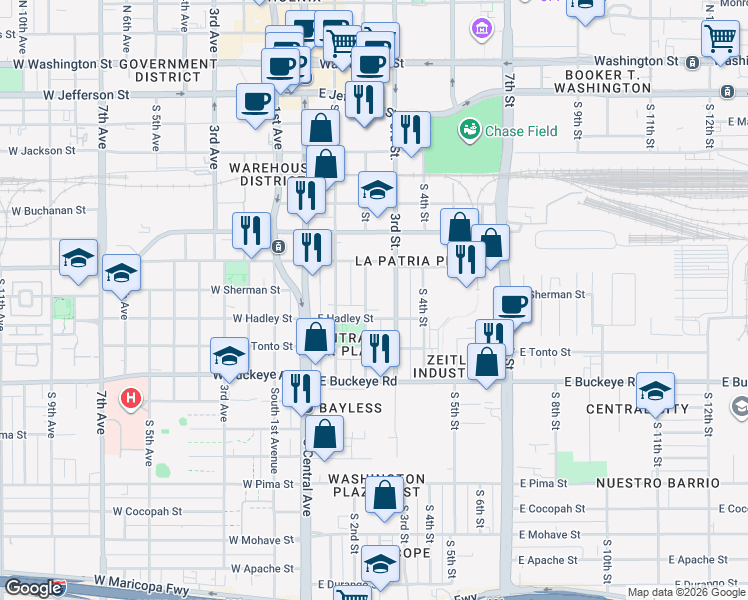 map of restaurants, bars, coffee shops, grocery stores, and more near 741 South 2nd Street in Phoenix