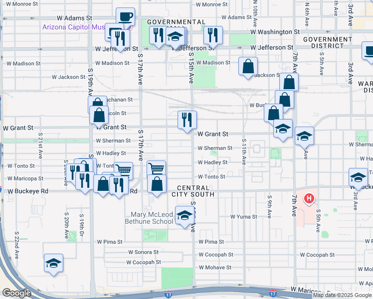 map of restaurants, bars, coffee shops, grocery stores, and more near 1510 West Hadley Street in Phoenix
