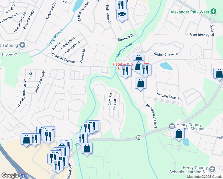 map of restaurants, bars, coffee shops, grocery stores, and more near 295 Coral Circle in McDonough