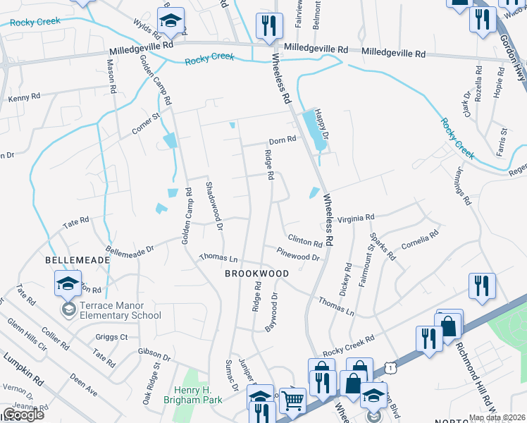 map of restaurants, bars, coffee shops, grocery stores, and more near 2335 Ridge Road in Augusta