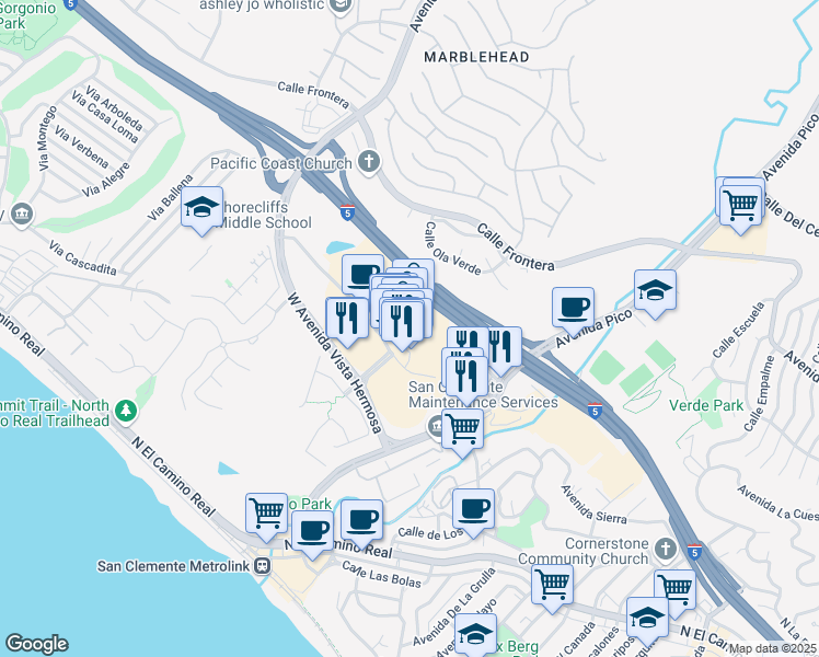 map of restaurants, bars, coffee shops, grocery stores, and more near 101 West Avenida Vista Hermosa in San Clemente