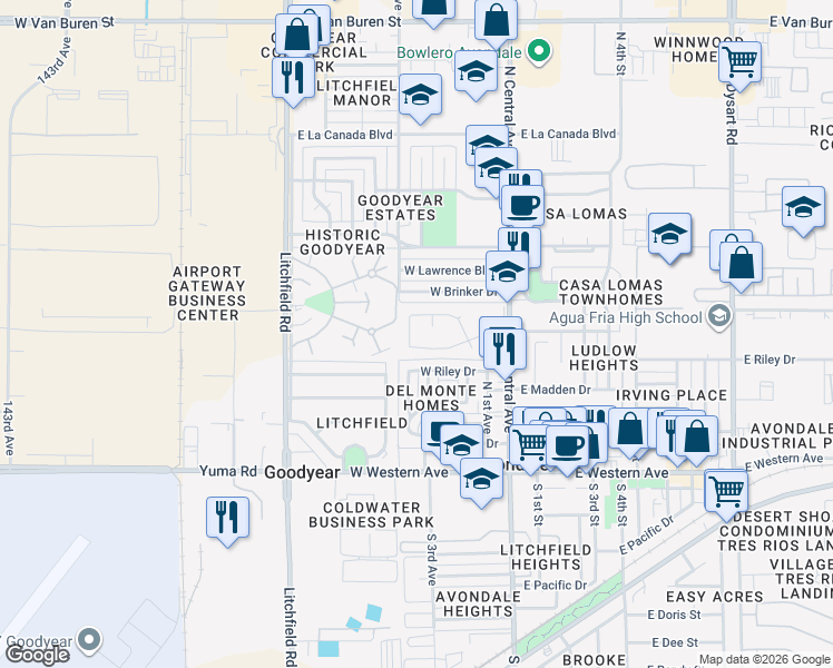 map of restaurants, bars, coffee shops, grocery stores, and more near 228 West Goold Boulevard in Avondale