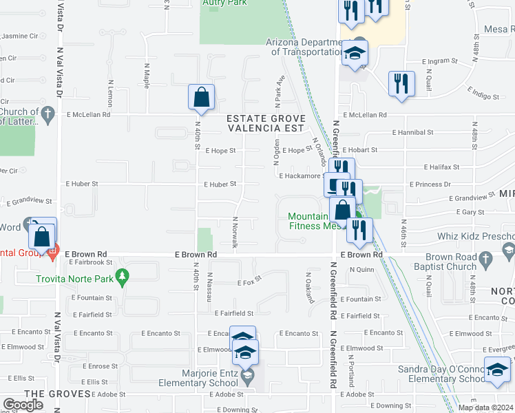 map of restaurants, bars, coffee shops, grocery stores, and more near 4145 East Grandview Circle in Mesa
