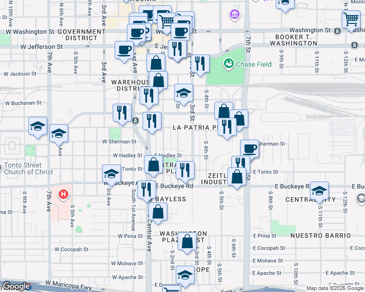 map of restaurants, bars, coffee shops, grocery stores, and more near 741 South 2nd Street in Phoenix