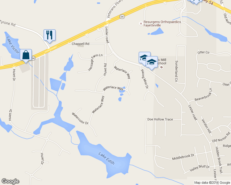 map of restaurants, bars, coffee shops, grocery stores, and more near 126 Waterlace Way in Fayetteville