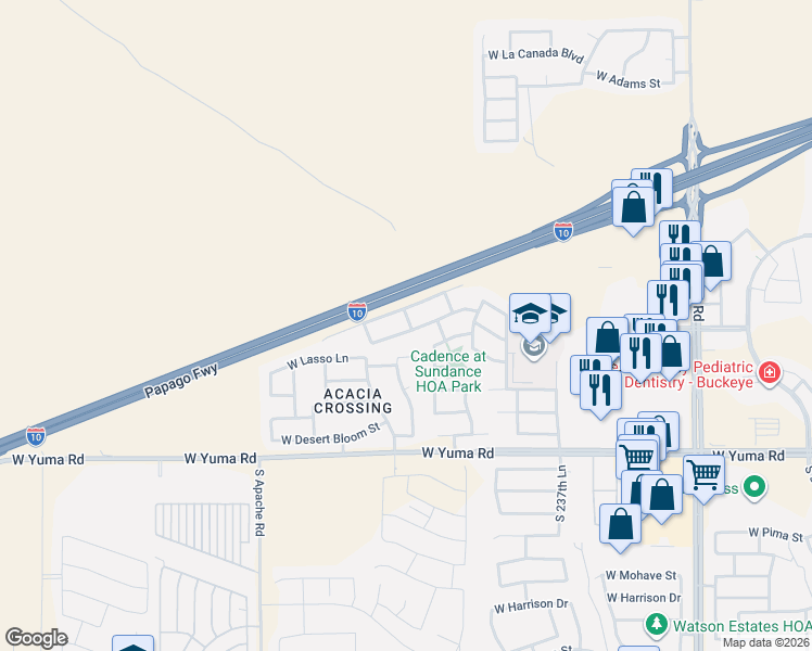 map of restaurants, bars, coffee shops, grocery stores, and more near 24021 West Antelope Trail in Buckeye
