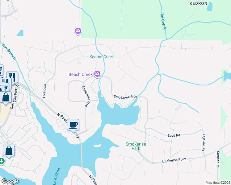 map of restaurants, bars, coffee shops, grocery stores, and more near 235 Smokerise Trce in Peachtree City