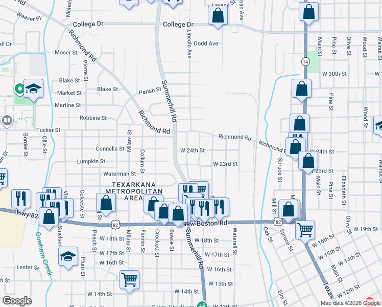 map of restaurants, bars, coffee shops, grocery stores, and more near 2311 Stevenson Street in Texarkana