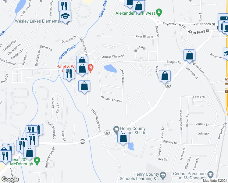 map of restaurants, bars, coffee shops, grocery stores, and more near 417 Autumn Lake Court in McDonough