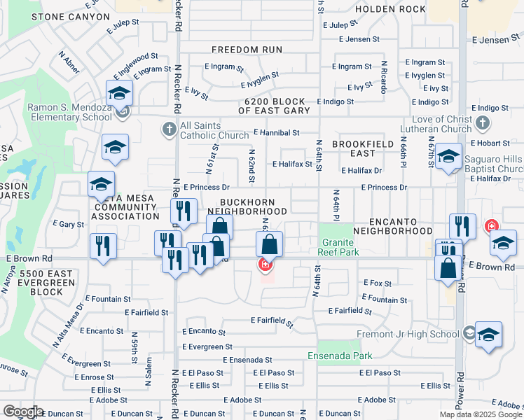 map of restaurants, bars, coffee shops, grocery stores, and more near 6241 East Gary Circle in Mesa