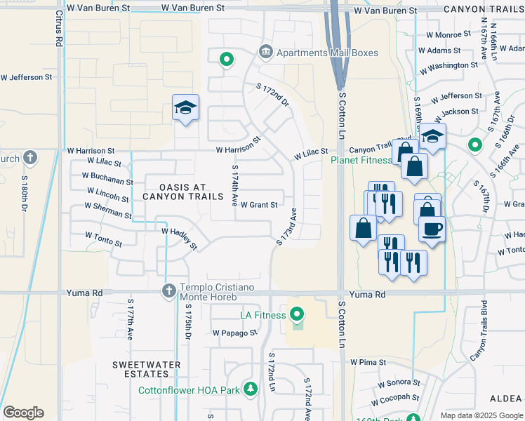 map of restaurants, bars, coffee shops, grocery stores, and more near 17343 West Grant Street in Goodyear