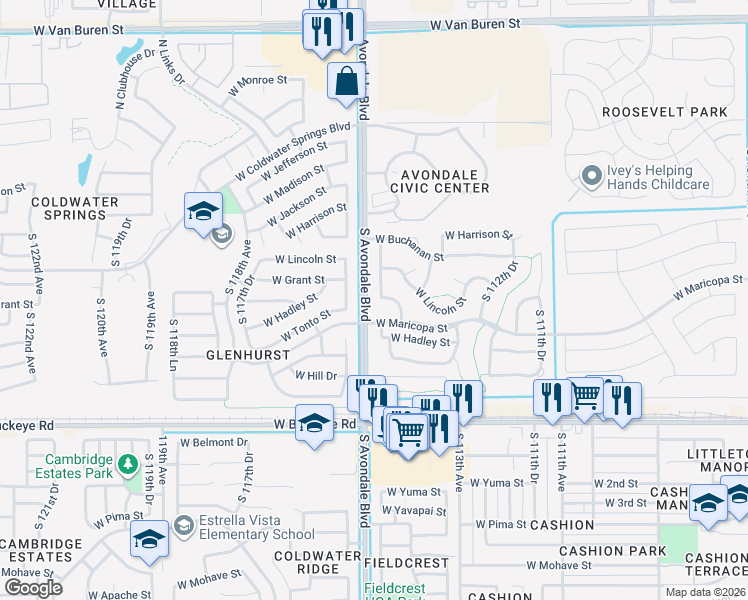 map of restaurants, bars, coffee shops, grocery stores, and more near in Avondale