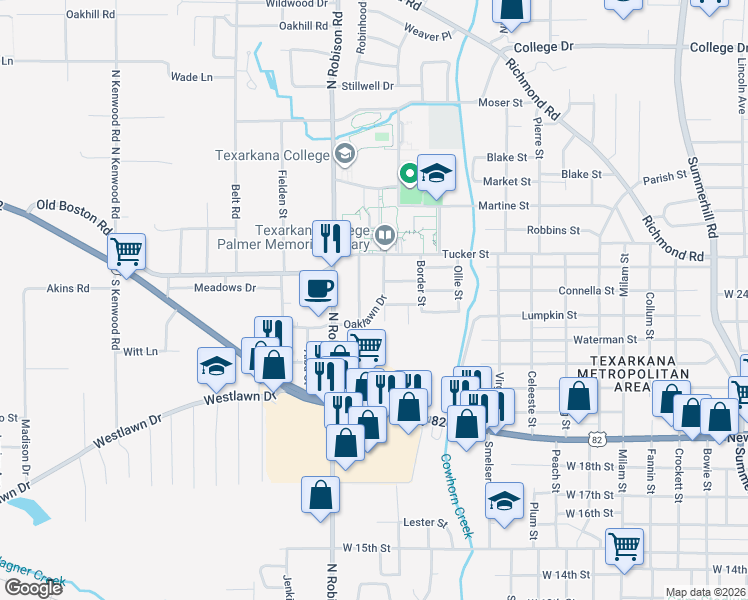 map of restaurants, bars, coffee shops, grocery stores, and more near 2222 Oaklawn Drive in Texarkana